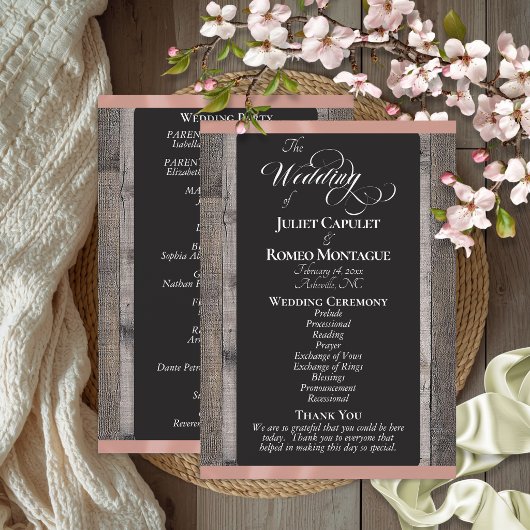 Programme Tableau noir sur bois et ruban or rose - Mariage