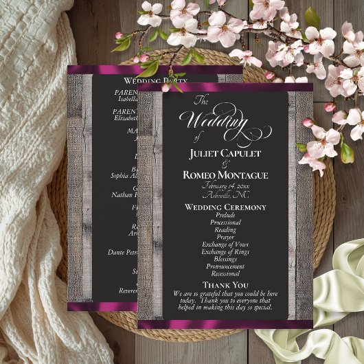 Programme Tableau noir sur bois et ruban prune - Mariage