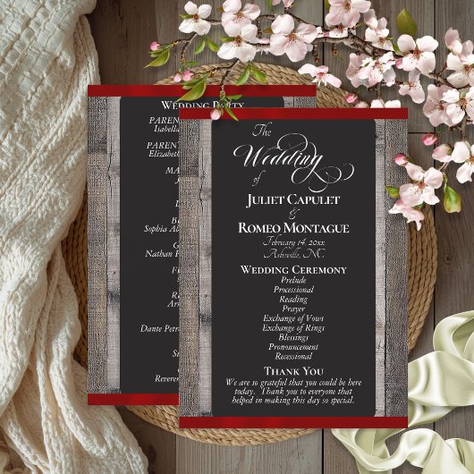Programme Tableau noir sur bois et ruban rouge - Mariage