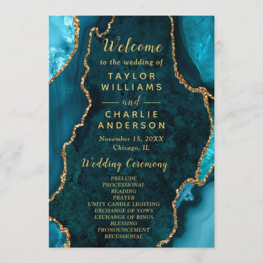Programme Teal Blue and Gold Agate Wedding Program (Devant)
