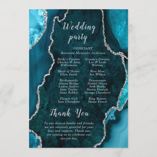 Programme Teal Blue and Silver Agate Wedding Program (Dos)