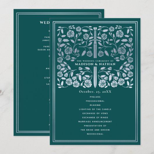 Programme Teal Royal Medieval Silver Sword Wedding Program (Devant / Derrière)