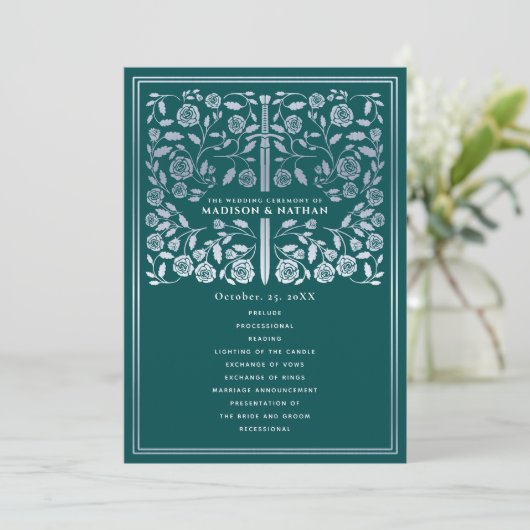 Programme Teal Royal Medieval Silver Sword Wedding Program (Debout devant)