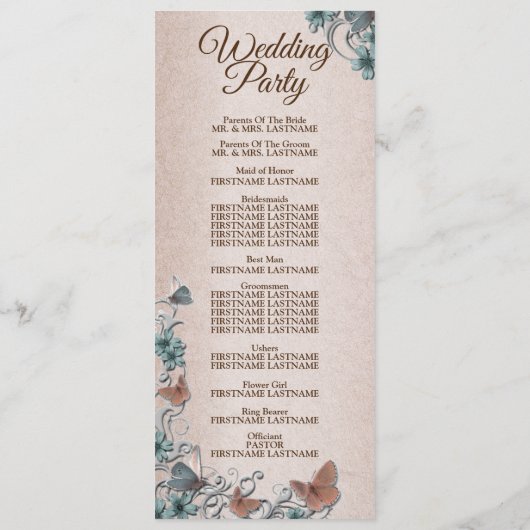 Programme Teal Silver Floral Copper Butterfly Tan Wedding (Dos)