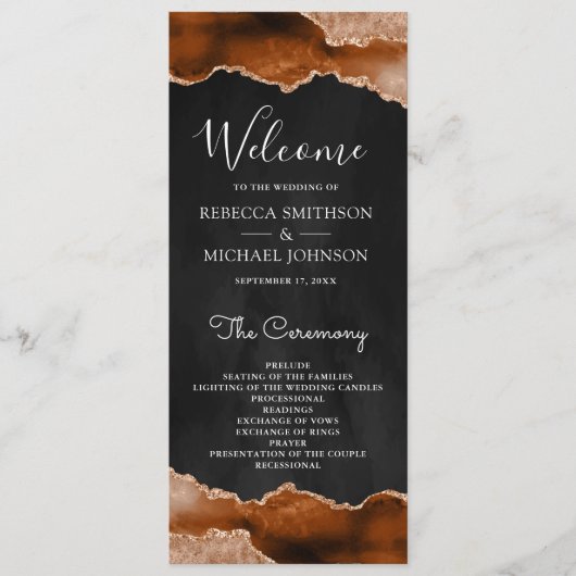 Programme Terracotta Orange Brûlée Agate Marbre Noir Mariage (Devant)