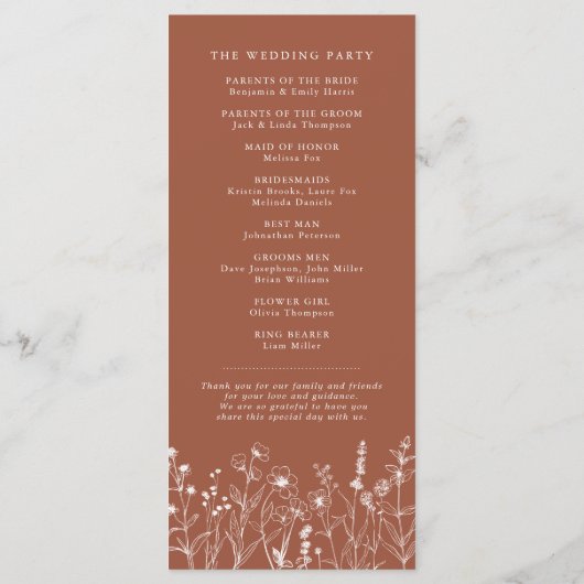 Programme Terracotta Rustic Fall Fleur sauvage Wedding Progr (Dos)