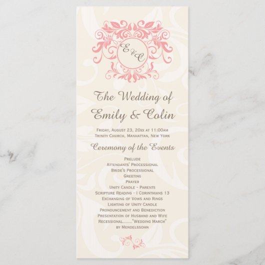 Programme Tourbillons roses sur crème pâle mariage damassé P (Devant)