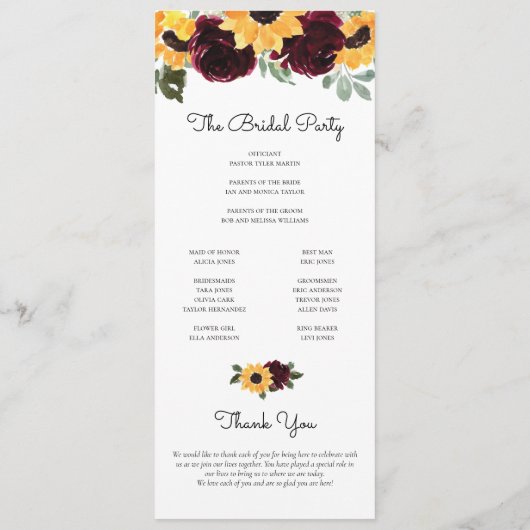 Programme Tournesol et Rose Rustic Greenery Mariage (Dos)