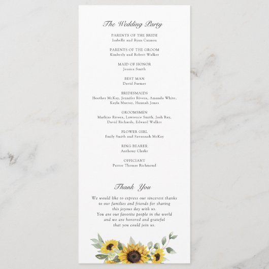 Programme Tournesol Vert Olivier Feuille Rustique Mariage (Dos)