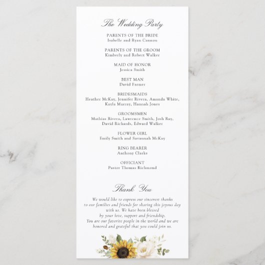 Programme Tournesols Fleurs blanches Verdure Rustique Mariag (Dos)