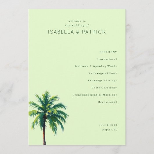 Programme Tranquil Green Palm Tree Wedding Ceremony Schedule (Devant)
