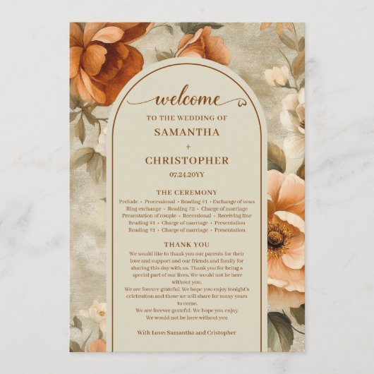 Programme Trendy Boho Burnt Orange Ivory Sage Floral Wedding (Devant)