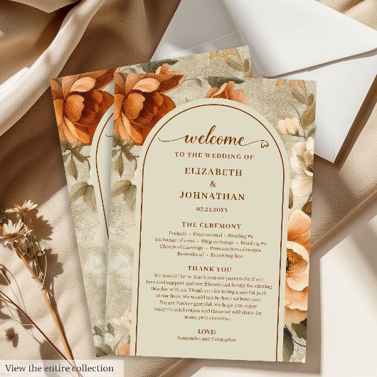Programme Trendy Boho Burnt Orange Ivory Sage Floral Wedding