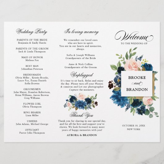 Programme Tri-pli Floral Rose Bleu Marine (Devant)