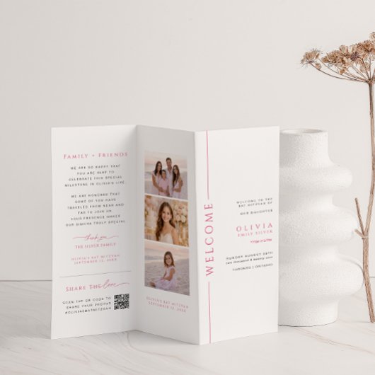Programme trifold de Bat Mitzvah rose et blanc