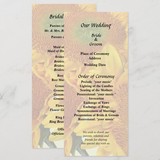 Programme Trois Tournesols Dorés (Devant / Derrière)