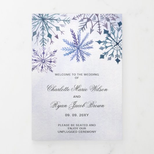 Programme Trois Volets Aquarelle Bleu Flocon de neige Mariage hivernal (Page de couverture)