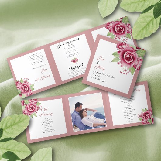 Programme Trois Volets Aquarelle rose pâle fleurs roses photo mariage