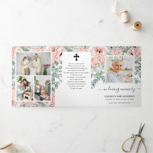 Programme Trois Volets Aquarelle rose Peony Memorial Funérailles florales (Extérieur)
