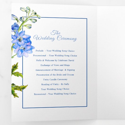 Programme Trois Volets Bleu blanc de delphinium fleurs aquarelle mariage (Intérieur en premier)