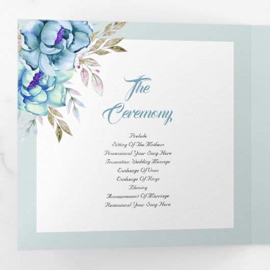 Programme Trois Volets Bleu, vert menthe fleurs d'aquarelle mariage photo (Intérieur en premier)