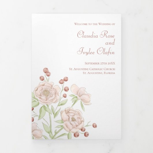 Programme Trois Volets Blush Pink Roses Wedding Programs Modern (Page de couverture)