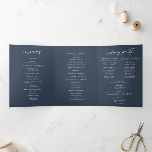 Programme Trois Volets Boho Chic Dark Navy Mariage Monogramme bleu (Intérieur)