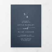 Programme Trois Volets Boho Chic Dark Navy Mariage Monogramme bleu (Page de couverture)