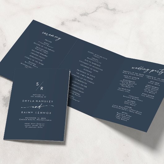 Programme Trois Volets Boho Chic Dark Navy Mariage Monogramme bleu