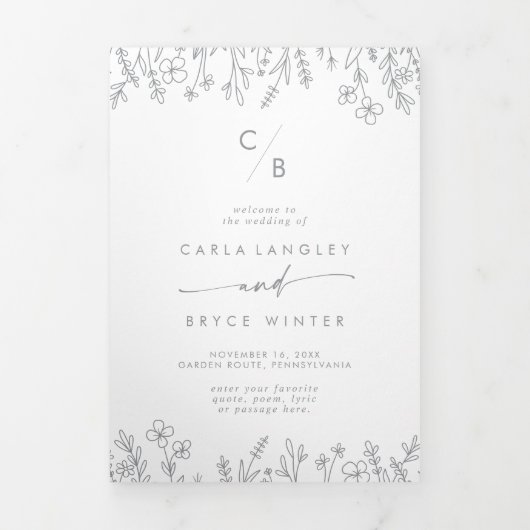 Programme Trois Volets Boho Chic Gray Wildflower Monogram Wedding (Page de couverture)