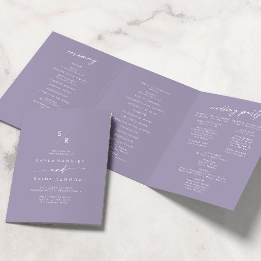 Programme Trois Volets Boho Chic Lavande violet Mariage Monogramme