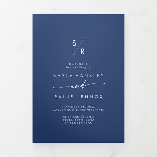 Programme Trois Volets Boho Chic Royal Mariage de monogramme bleu (Page de couverture)