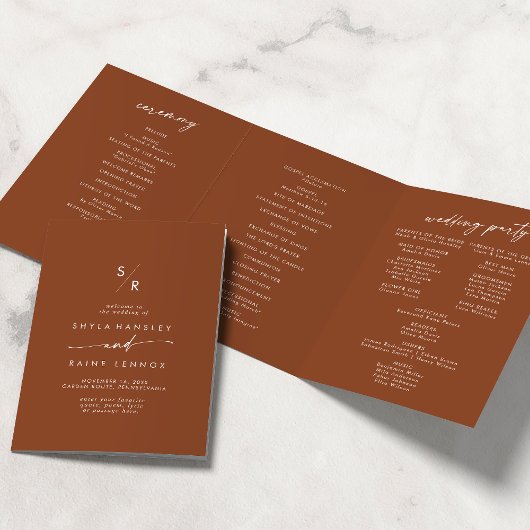 Programme Trois Volets Boho Chic Terracotta Monogram Mariage