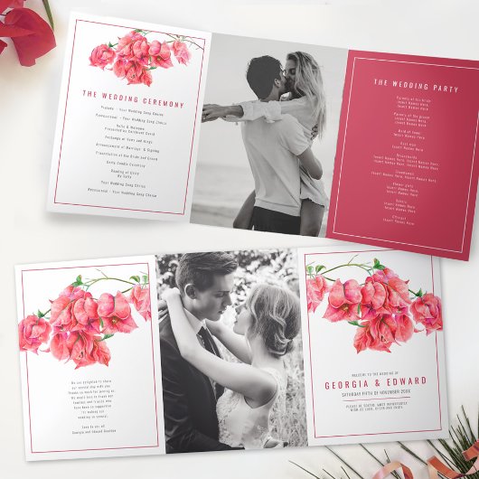 Programme Trois Volets Bougainvillea fleurs rouges mariage aquarelle