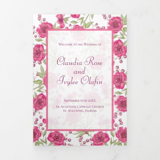 Programme Trois Volets Bright Pink Rose Wedding Programs (Page de couverture)