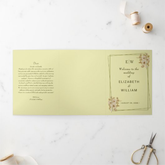 Programme Trois Volets Cadre rose - Mariage jaune céleste Monogramme (Extérieur)