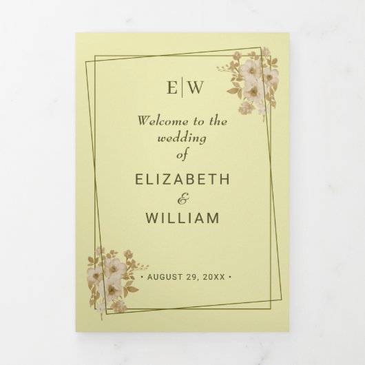 Programme Trois Volets Cadre rose - Mariage jaune céleste Monogramme (Page de couverture)