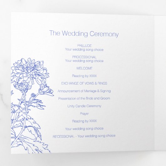 Programme Trois Volets Chrysanthème dessin de fleur bleu blanc (Intérieur en premier)