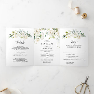 Programme Trois Volets Crème d'ivoire blanc Rose Floral Botanique Mariage