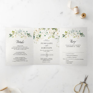 Programme Trois Volets Crème d'ivoire blanc Rose Floral Botanique Mariage