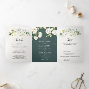 Programme Trois Volets Crème d'ivoire blanc Rose Floral Botanique Mariage
