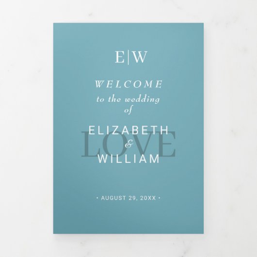 Programme Trois Volets Élégant bleu rétro simple avec Mariage Monogram (Page de couverture)