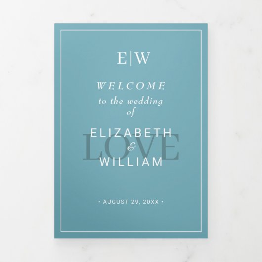 Programme Trois Volets Élégant bleu rétro simple avec Mariage Monogram (Page de couverture)