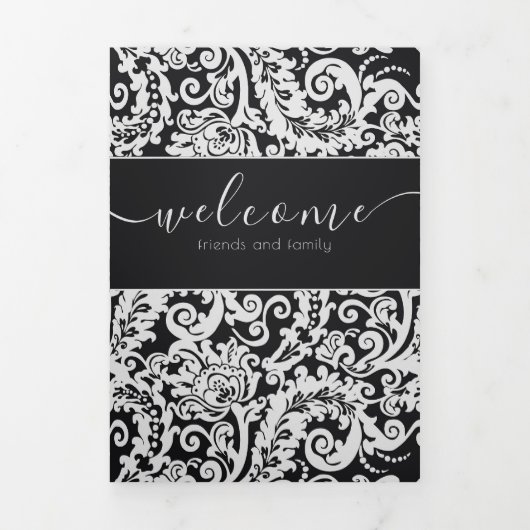 Programme Trois Volets Élégant noir et blanc Damask Mariage débranché (Page de couverture)