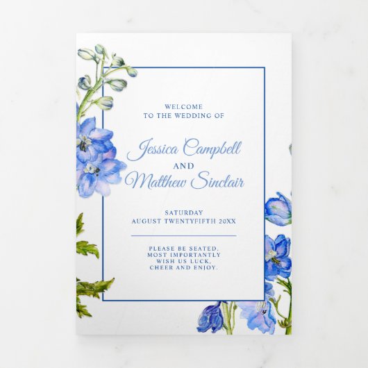 Programme Trois Volets Fleurs de delphinium bleu aquarelle mariage Tri-Fo (Page de couverture)