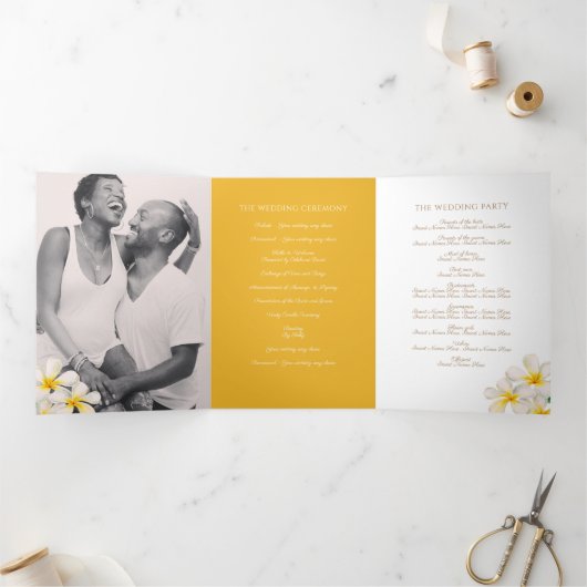 Programme Trois Volets Fleurs Frangipani or blanc mariage (Intérieur)