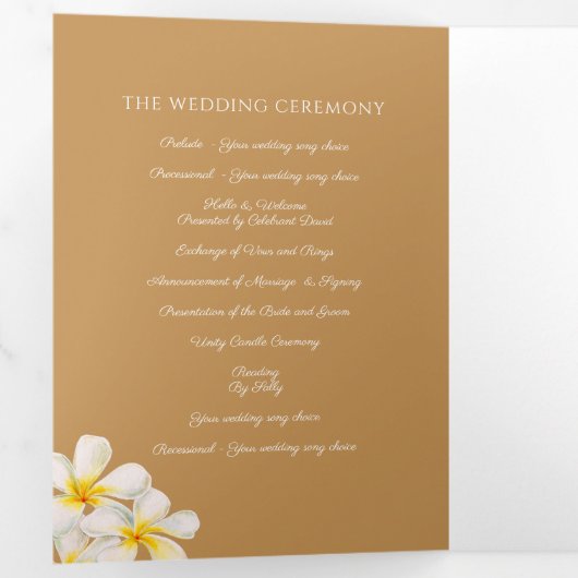 Programme Trois Volets Fleurs Frangipani or blanc mariage (Intérieur en premier)