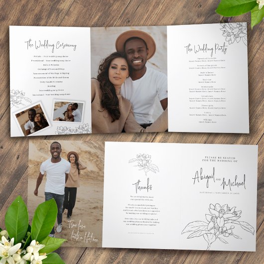 Programme Trois Volets Gris blanc agrumes fleurs dessin photos mariage