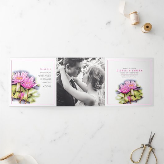 Programme Trois Volets Lys d'eau Lotus fleurs rose aquarelle mariage (Extérieur)
