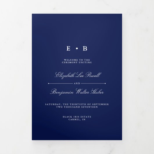 Programme Trois Volets Mariage bleu et blanc chic Navy (Page de couverture)